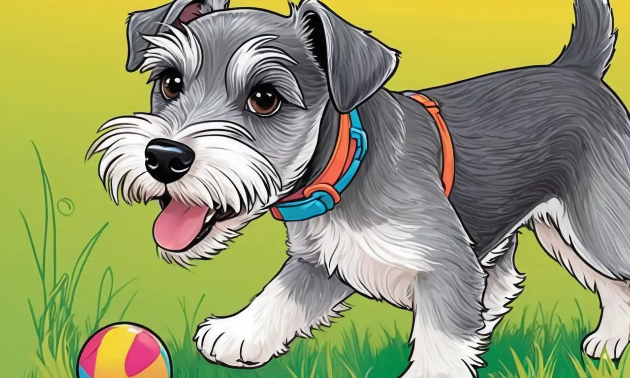 La escena muestra un cachorro schnauzer feliz en un entorno lleno de colores vibrantes y elementos acogedores que celebran la alegría y la vitalidad