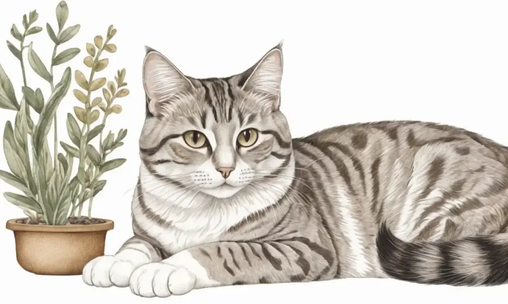 Una composición serena de un gato en tonos cálidos y texturas suaves rodeado de elementos naturales