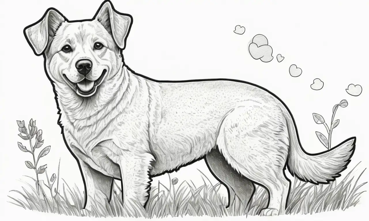 Un perro sentado, curioso y suave, con burbujas de diálogo que reflejan confusión y calidez