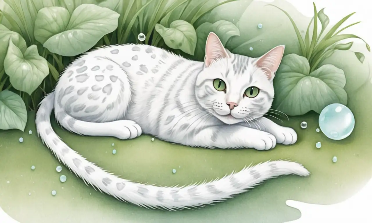 Un gato tranquilo con líneas suaves y detalles intrigantes en un entorno acogedor y verde