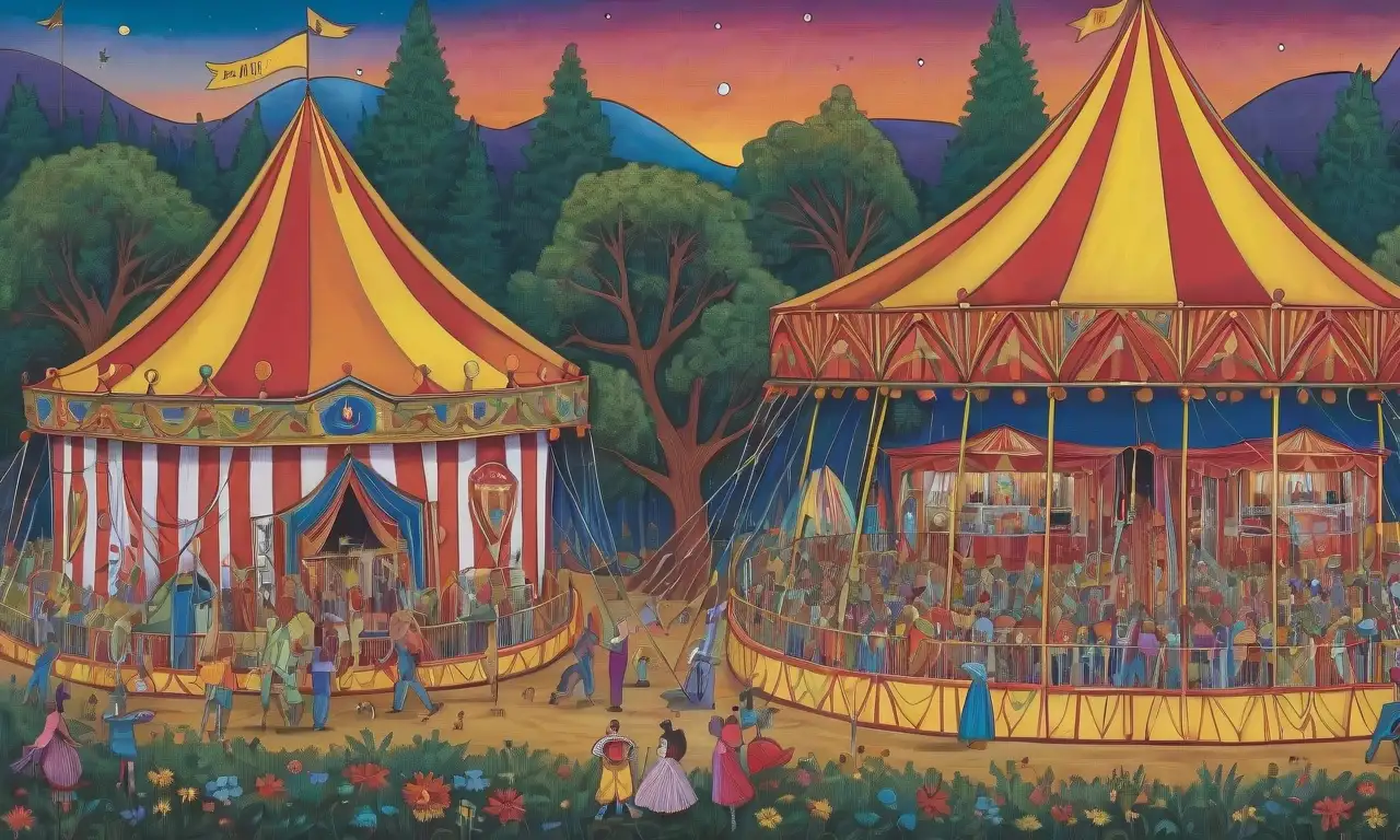 Un contraste entre la vitalidad del circo y la serenidad del bosque resalta la tensión entre la energía frenética y la calma