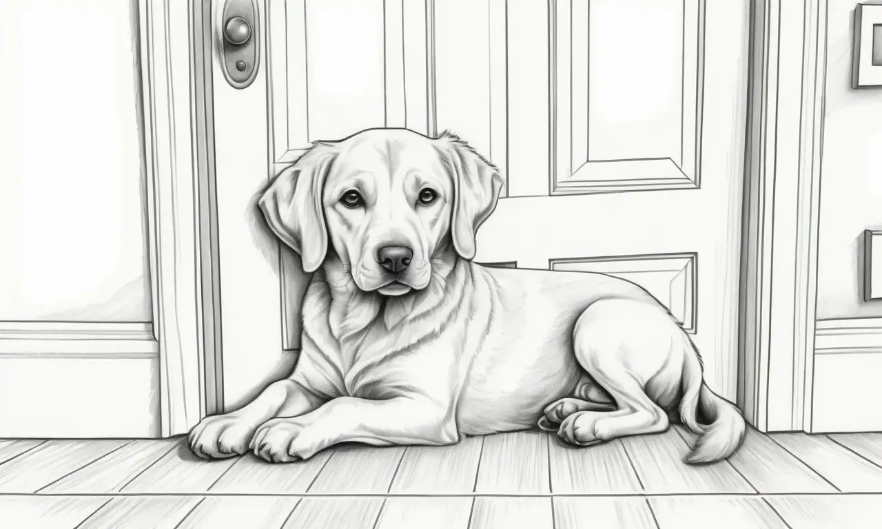 Un perro preocupado rodeado de sombras y juguetes dispersos evoca soledad y anhelo