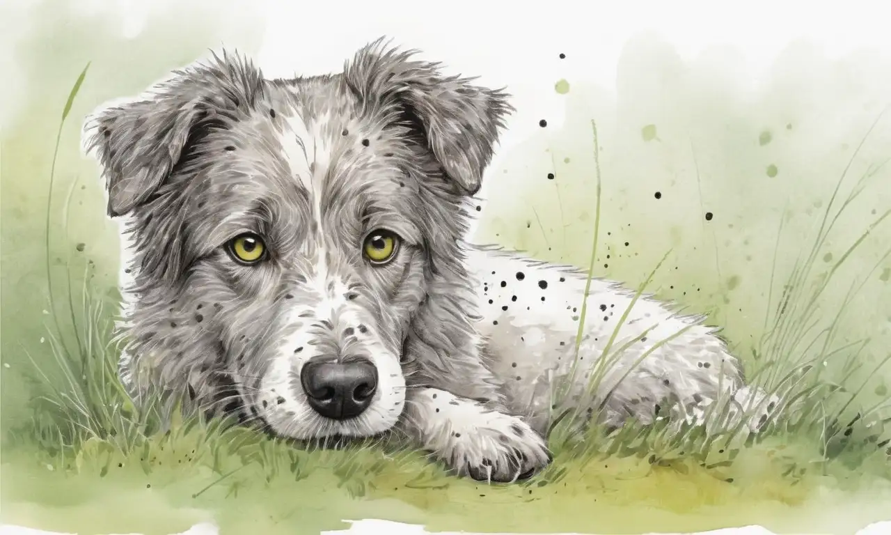 Un perro preocupado, desaliñado y lleno de garrapatas, expresa urgencia y cuidado en una escena con un fondo borroso