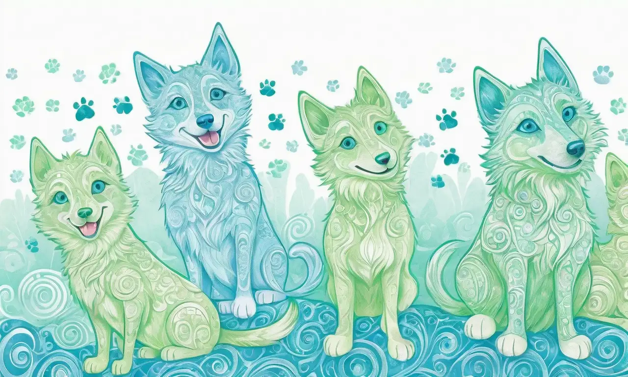 Un fondo colorido con perros detallados y un virus ilustrado que destaca por sus formas dinámicas y texturas contrastantes