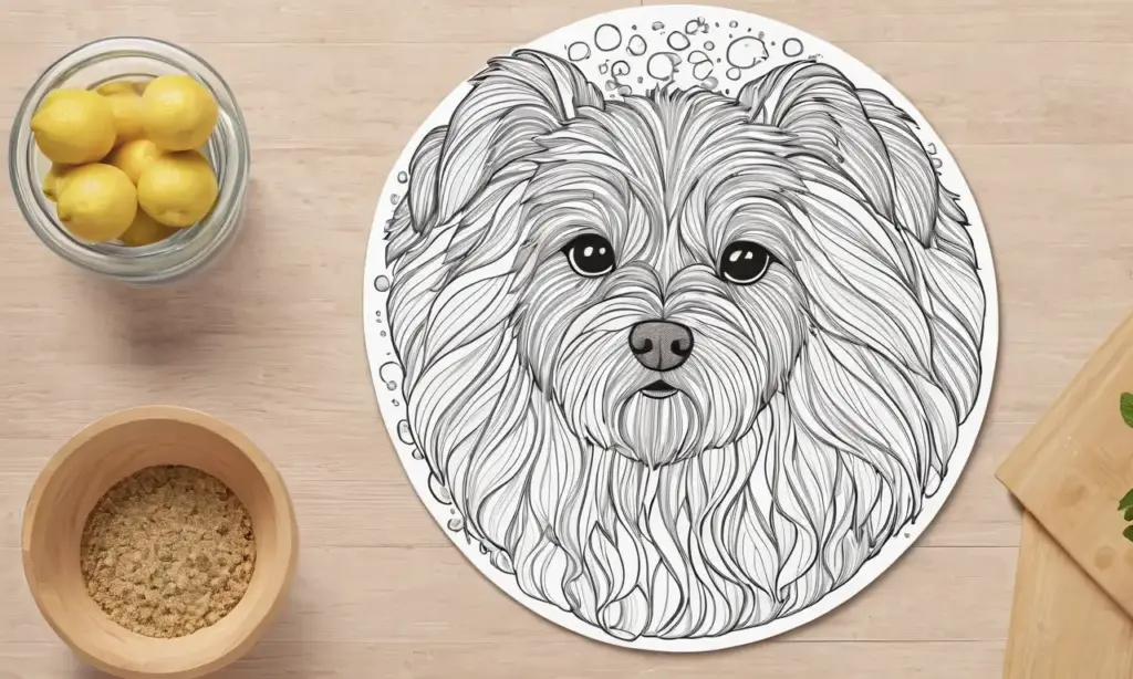 Un perro con pelaje esponjoso y ojos brillantes destaca en una composición alegre con ingredientes vibrantes y detalles realistas