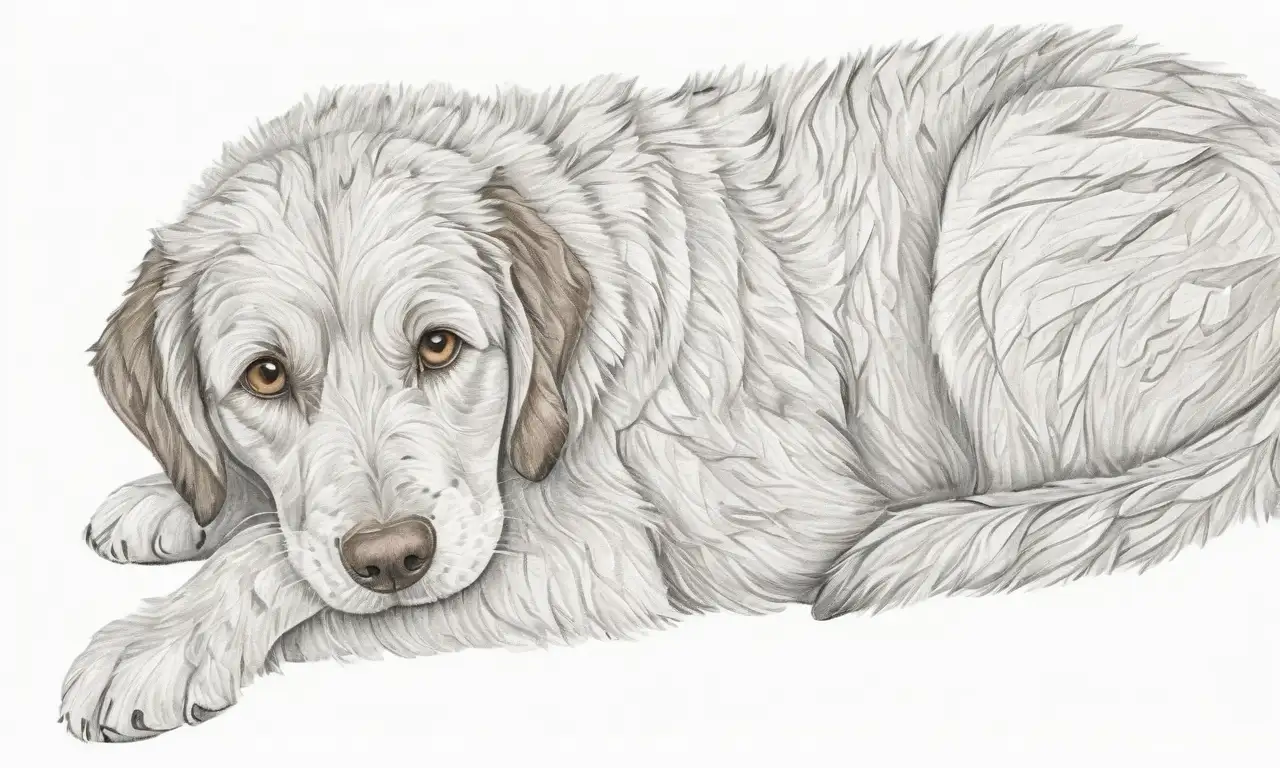 Dibujo de un perro con irritación en la piel, tonos marrones y grises, texturas suaves y detalles que sugieren tratamientos naturales