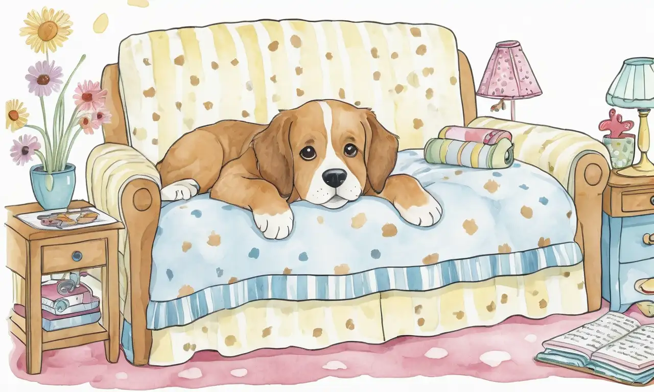 Escena caprichosa con un perro esponjoso y colorido en un entorno cálido y desordenado