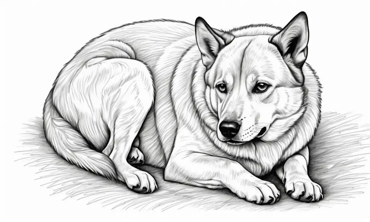 Es un dibujo de un perro con sombras suaves, detalles intrincados y un fondo que sugiere urgencia y preocupación