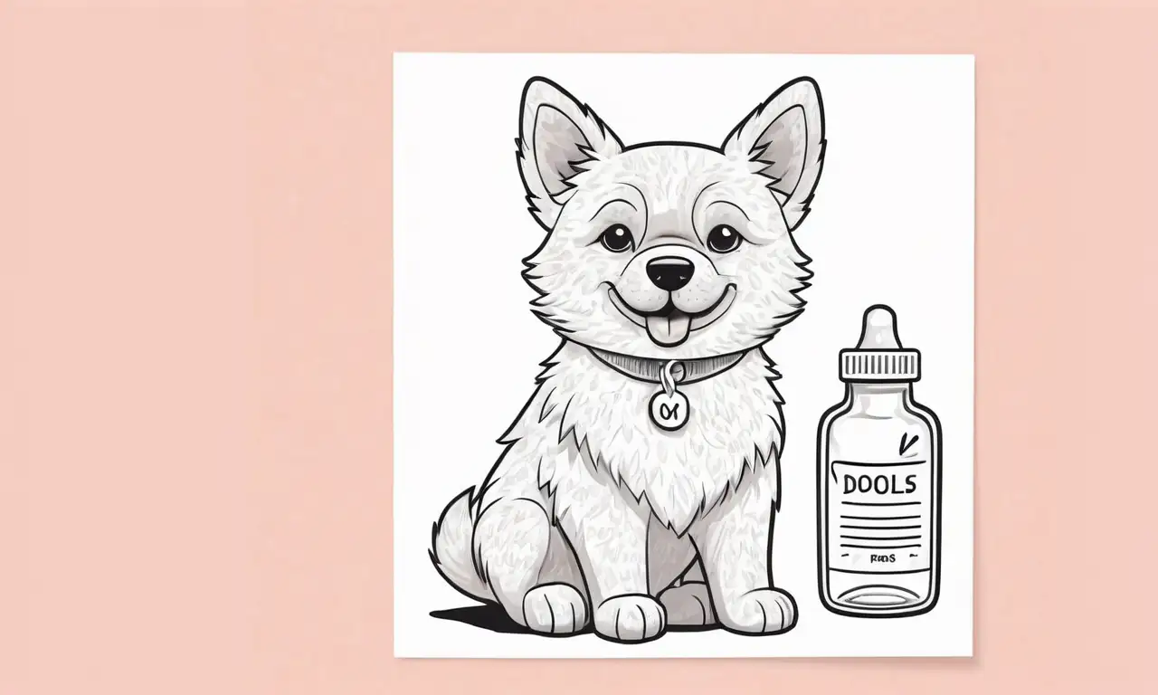 Ilustración detallada de un perro con textura suave, frascos de medicamento y un ambiente sereno