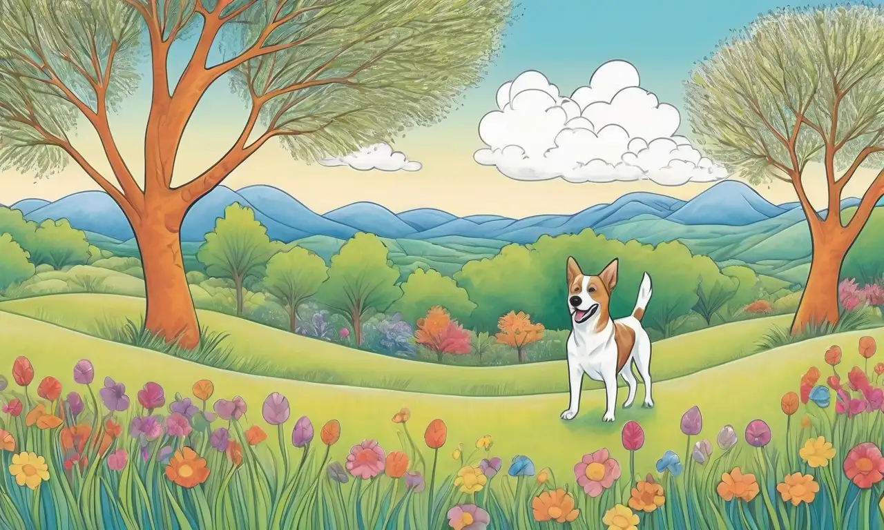 Una escena vibrante de un perro juguetón en un parque soleado, con colores vivos y detalladas texturas