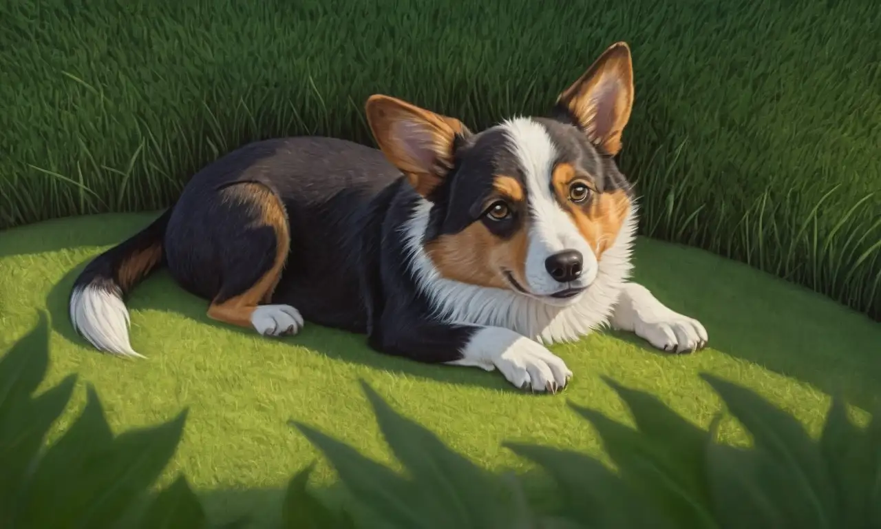 Un perro texturizado descansa en la hierba bajo el sol, con un cuenco de remedio casero y un ambiente acogedor