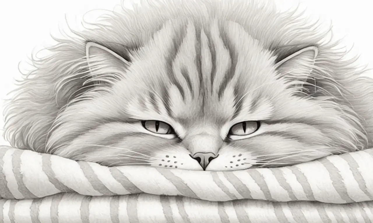 Un dibujo suave y sereno de un gato acurrucado, con sombras delicadas y una atmósfera de calma