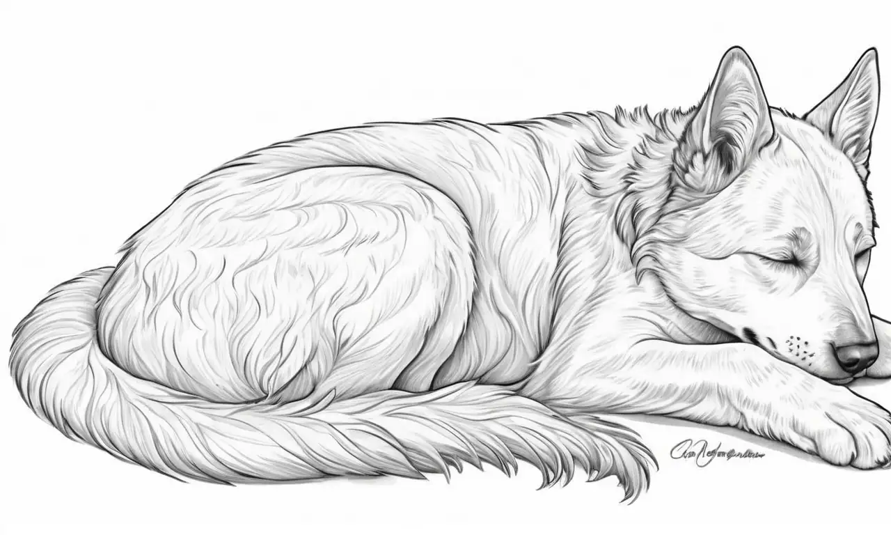 Un perro dormido con pelaje suave y detalles delicados en un fondo sereno y soñador