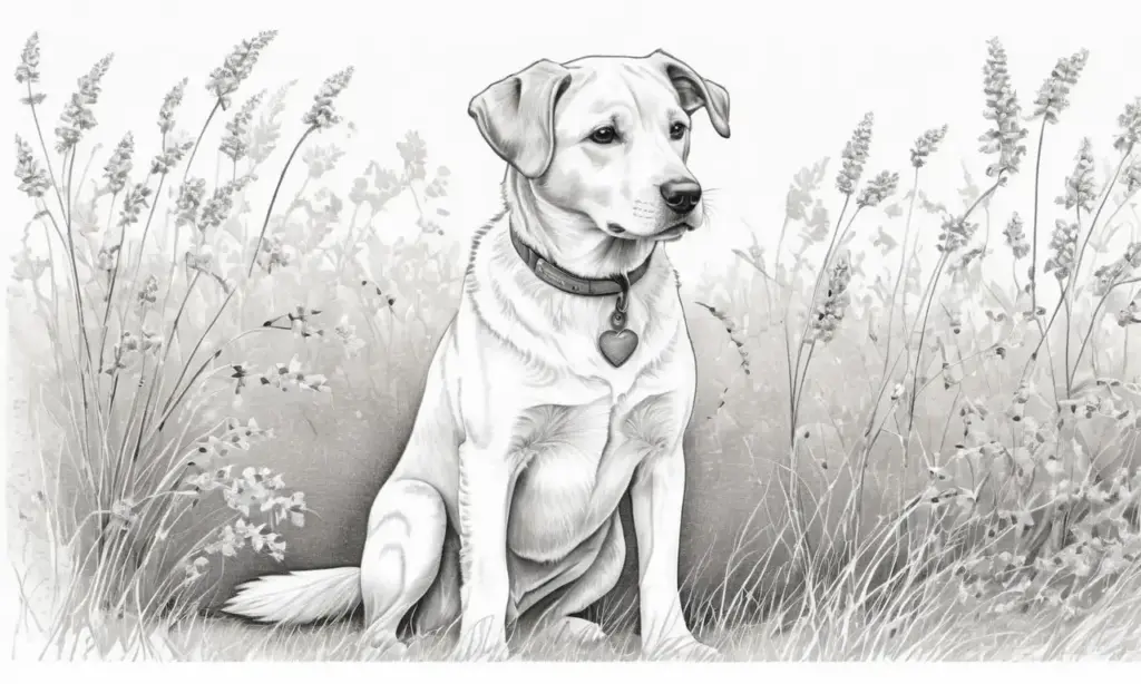 Un perro detallado y vibrante en un paisaje juguetón con suaves sombras y texturas