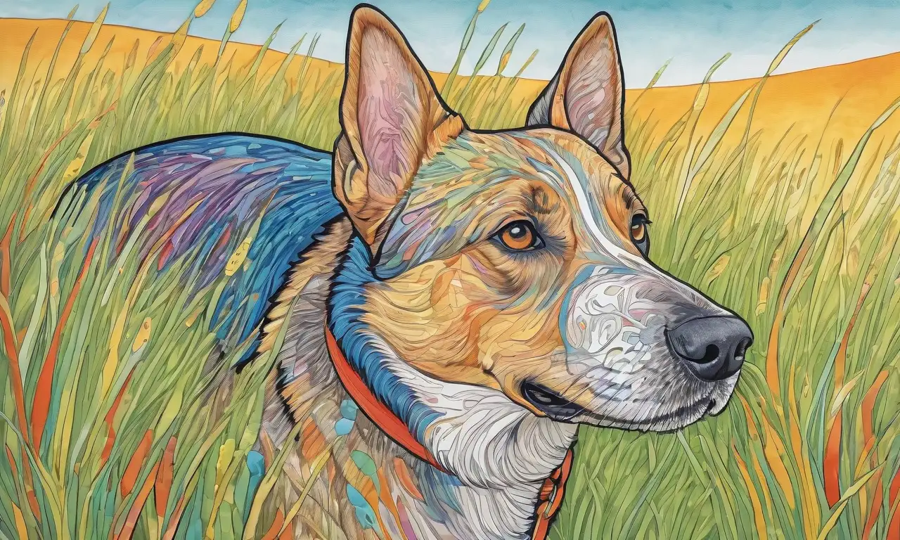 Un perro vibrante con furia suave y expresión preocupada en un fondo colorido