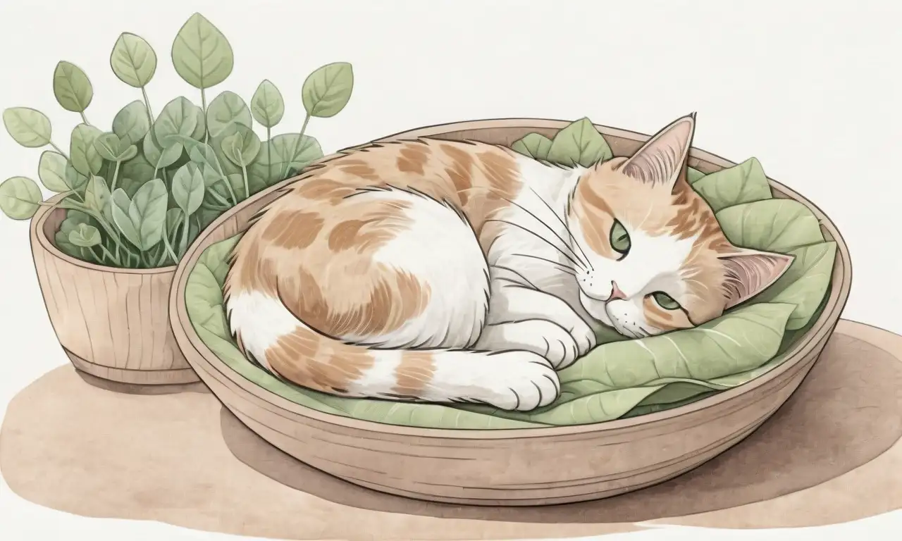 Un gato suave y sombreado descansa sobre una manta texturada, rodeado de luz filtrada, hierbas y una brisa suave