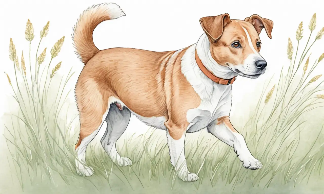 Un perro en celo con pelaje suave, ojos expresivos y una pose dinámica, rodeado de elementos florales en un fondo pastel