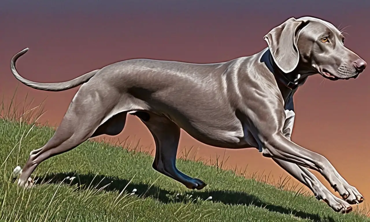 Composición dinámica de un Weimaraner en movimiento con detalles vibrantes y un equilibrio armónico