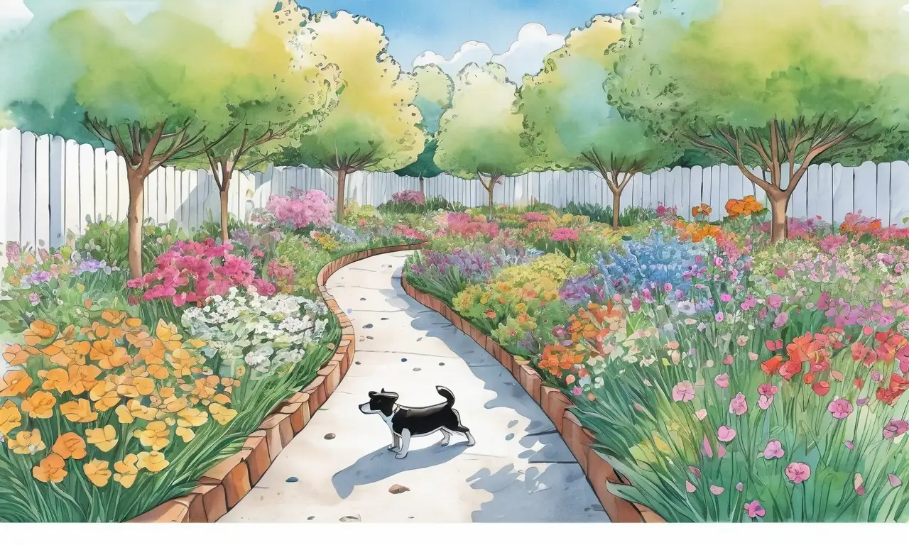 Un jardín vibrante con flores, caminos suaves, un perro juguetón y un equilibrio de luz y sombra