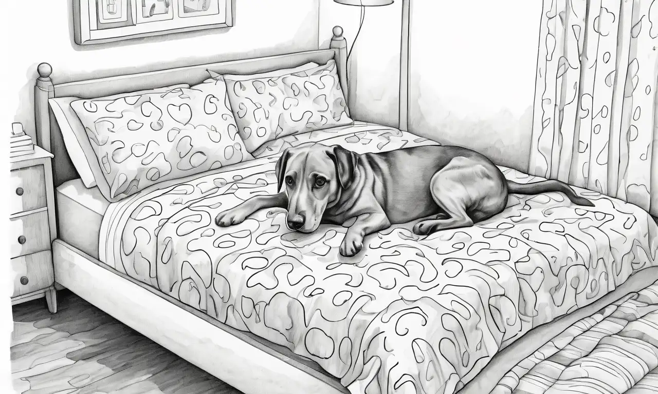 Un boceto suave de un perro preocupado en una cama desordenada, con detalles emocionales y matices cálidos