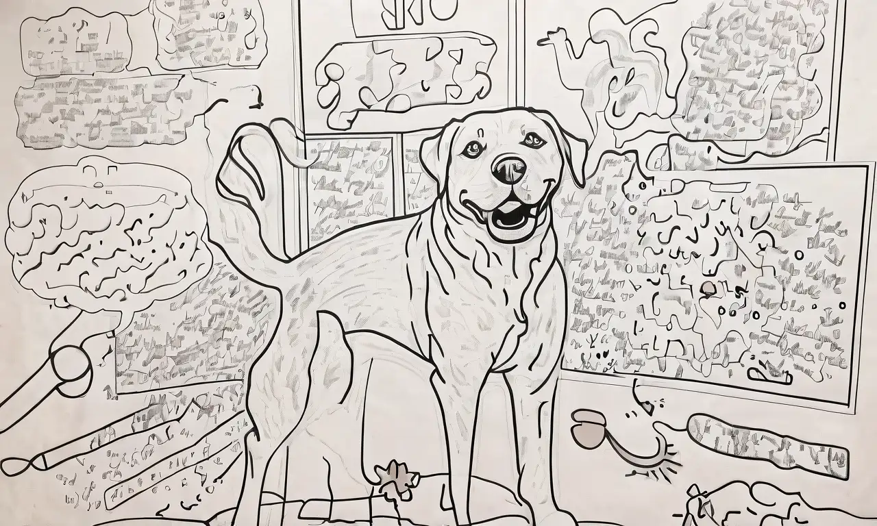 Un gran perro preocupado en un veterinario, rodeado de herramientas médicas y bocetos que transmiten urgencia