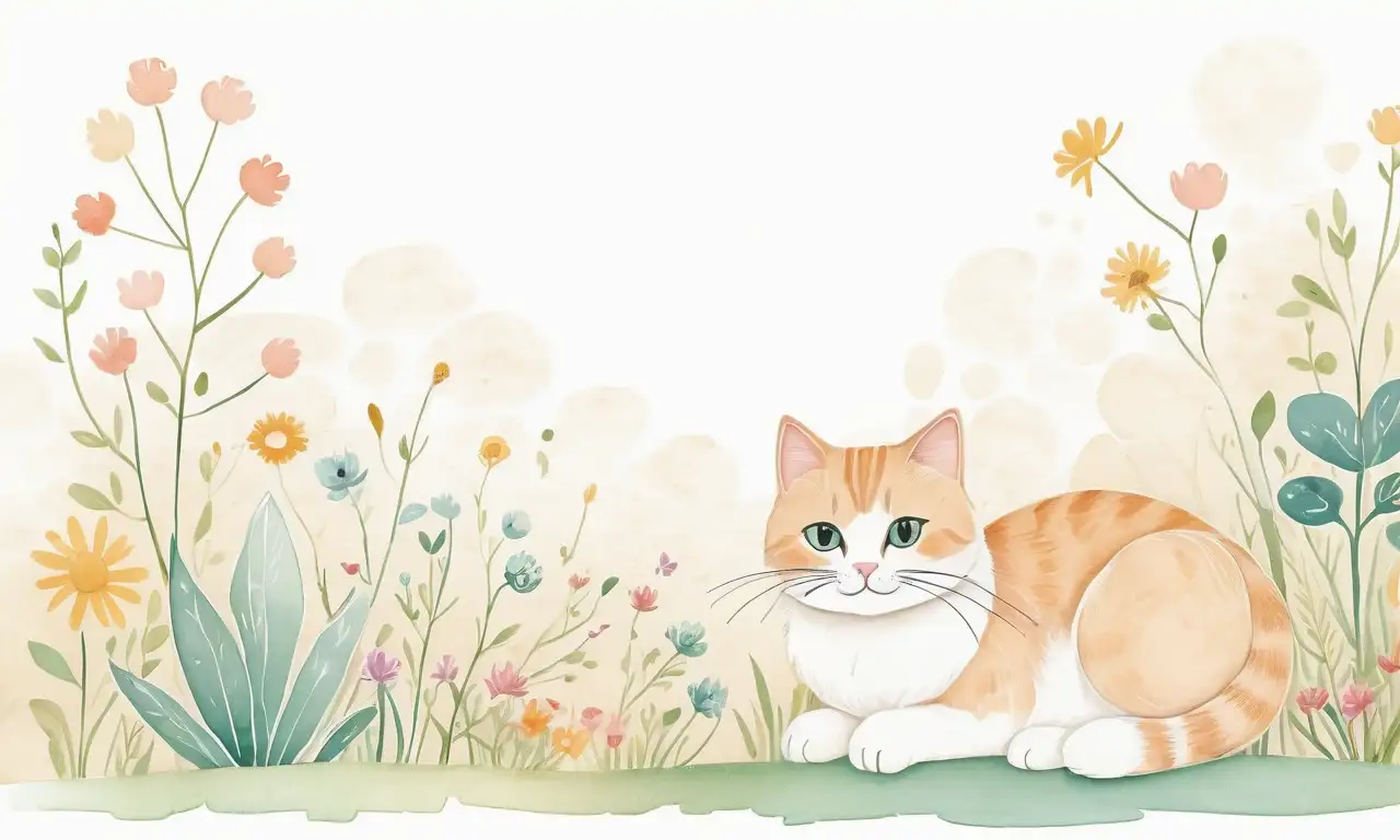 Un gato relajado se enmarca en un cálido entorno ilustrado con suaves trazos y elementos juguetones