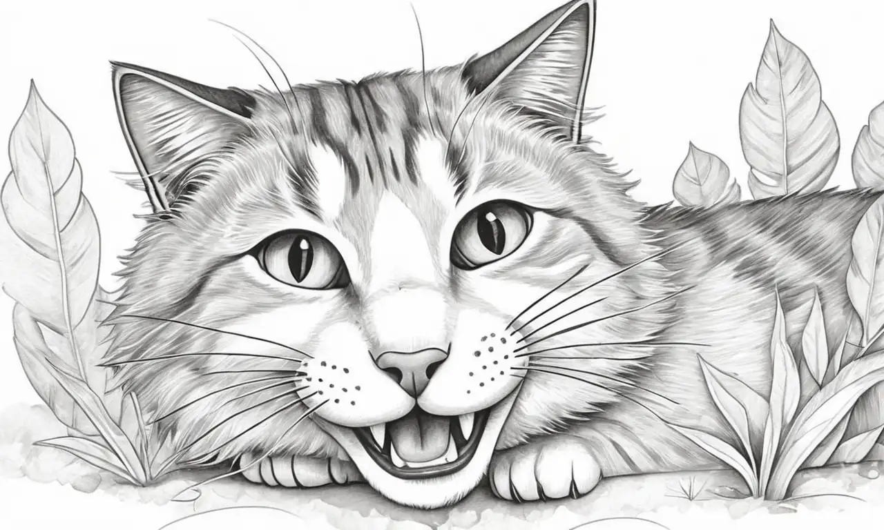 El dibujo del gato combina sombras suaves, líneas delicadas y texturas contrastantes para contar su historia dental