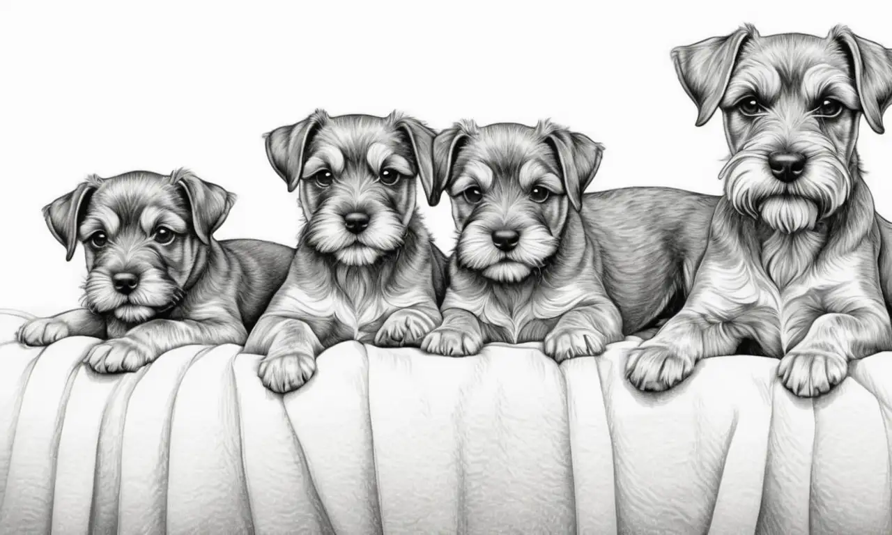 El dibujo combina sombreado suave, líneas audaces y detalles delicados para crear profundidad y calidez en la escena de Schnauzers y sus cachorros