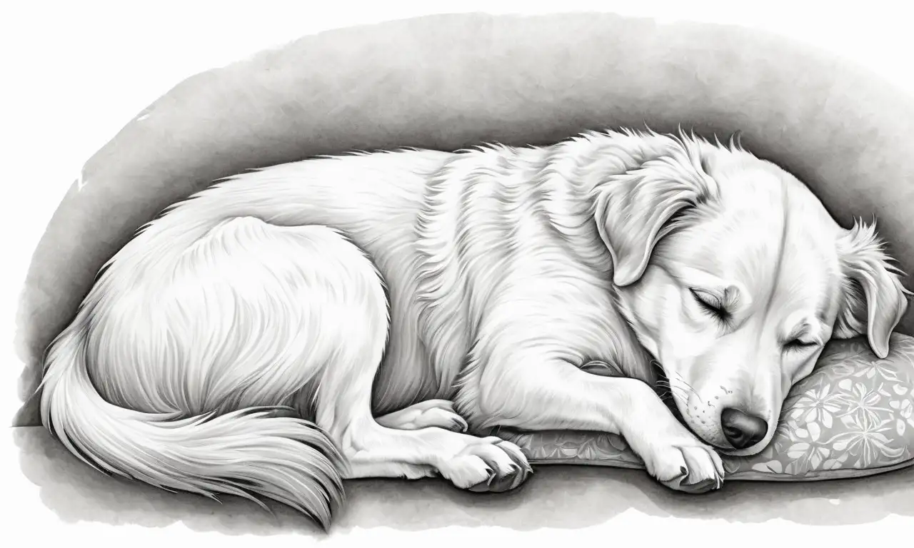 Un perro durmiendo esbozado con líneas suaves y texturas delicadas en un entorno cálido