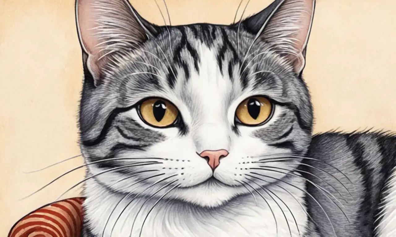 El dibujo muestra un gato sereno con detalles suaves y curiosos en su entorno
