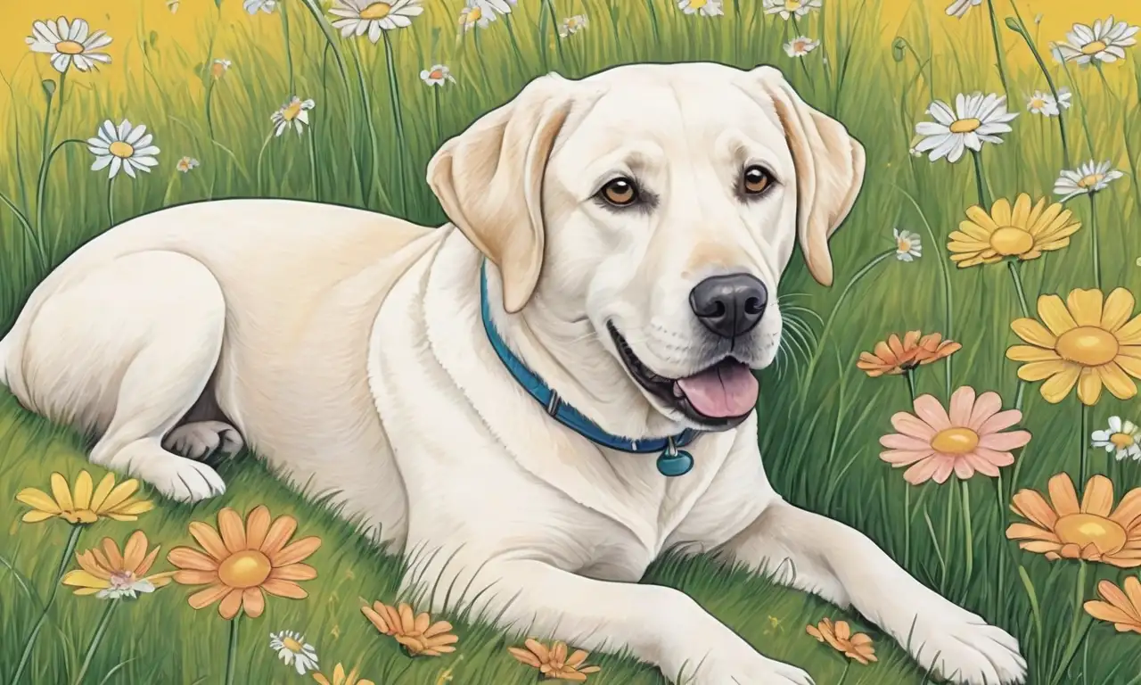 Un Labrador vibrante se acurruca en la hierba, rodeado de flores y luz suave