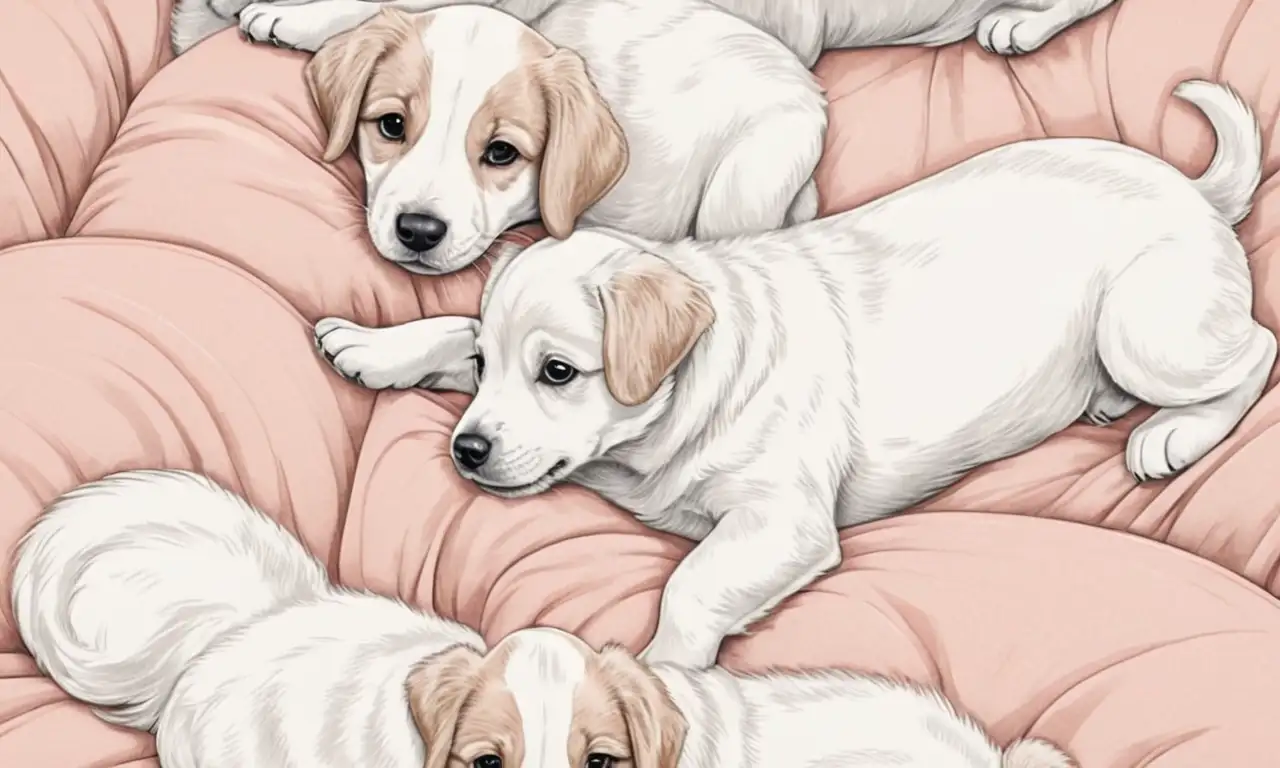 Colores suaves y cálidos, líneas delicadas y texturas que destacan la ternura y conexión entre el perro y sus cachorros
