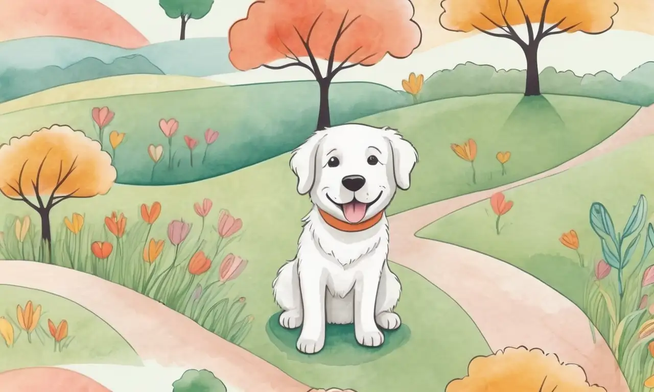 Dibujo de un perro feliz en un parque soleado con colores vibrantes y una composición equilibrada