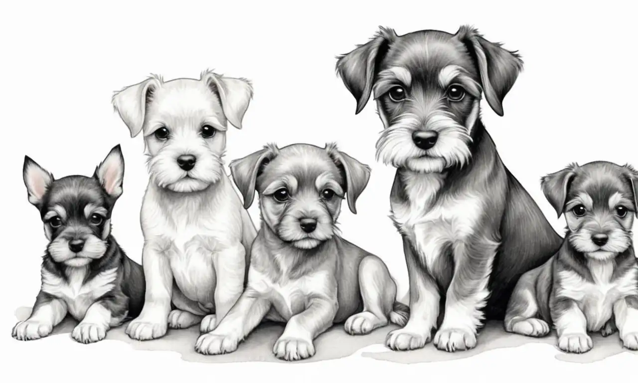 Sutiles líneas y sombras crean un vibrante retrato de cachorros Schnauzer en diversas etapas de crecimiento
