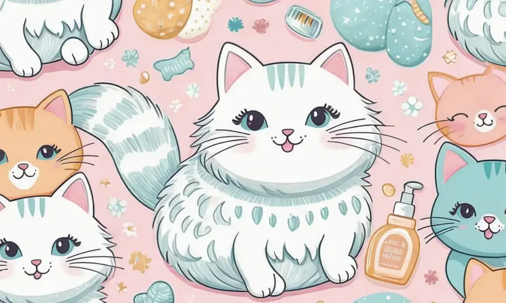 Ilustración vibrante de un gato juguetón en tonos pastel con botellas de champú y un ambiente acogedor