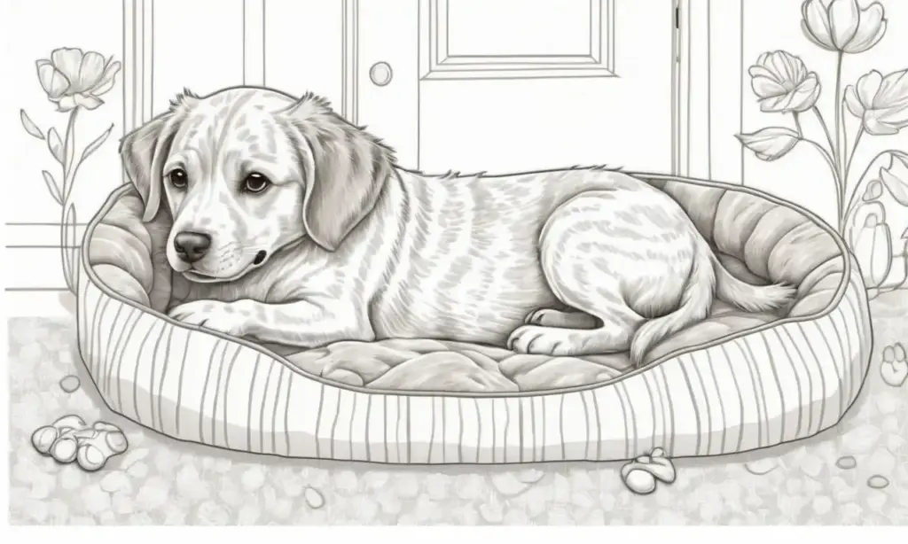 Un suave dibujo de un perro resalta su tranquilidad en un fondo acogedor