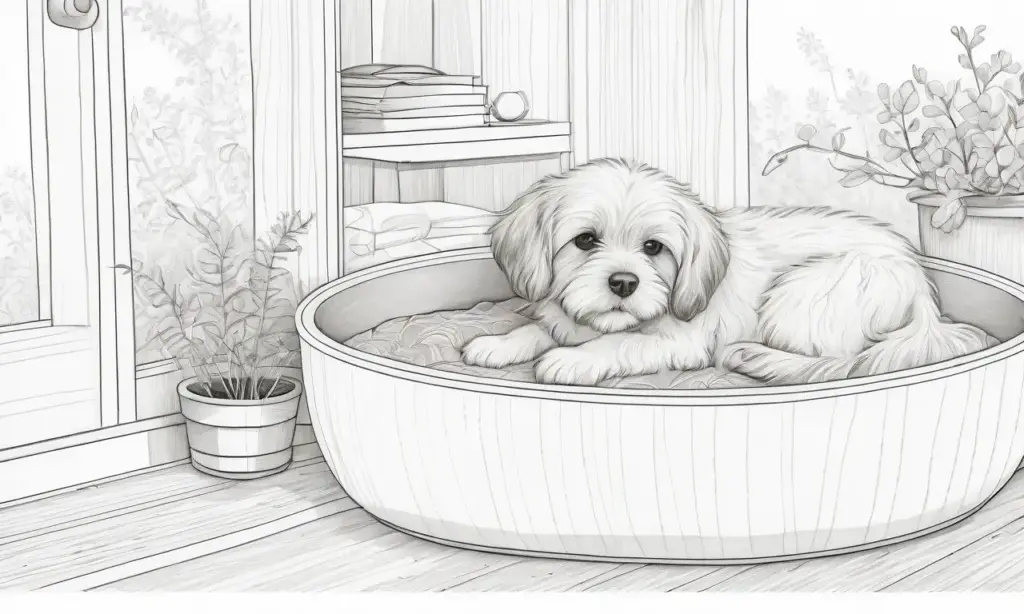 Un perro triste en un entorno acogedor con detalles cálidos y un toque de cuidado