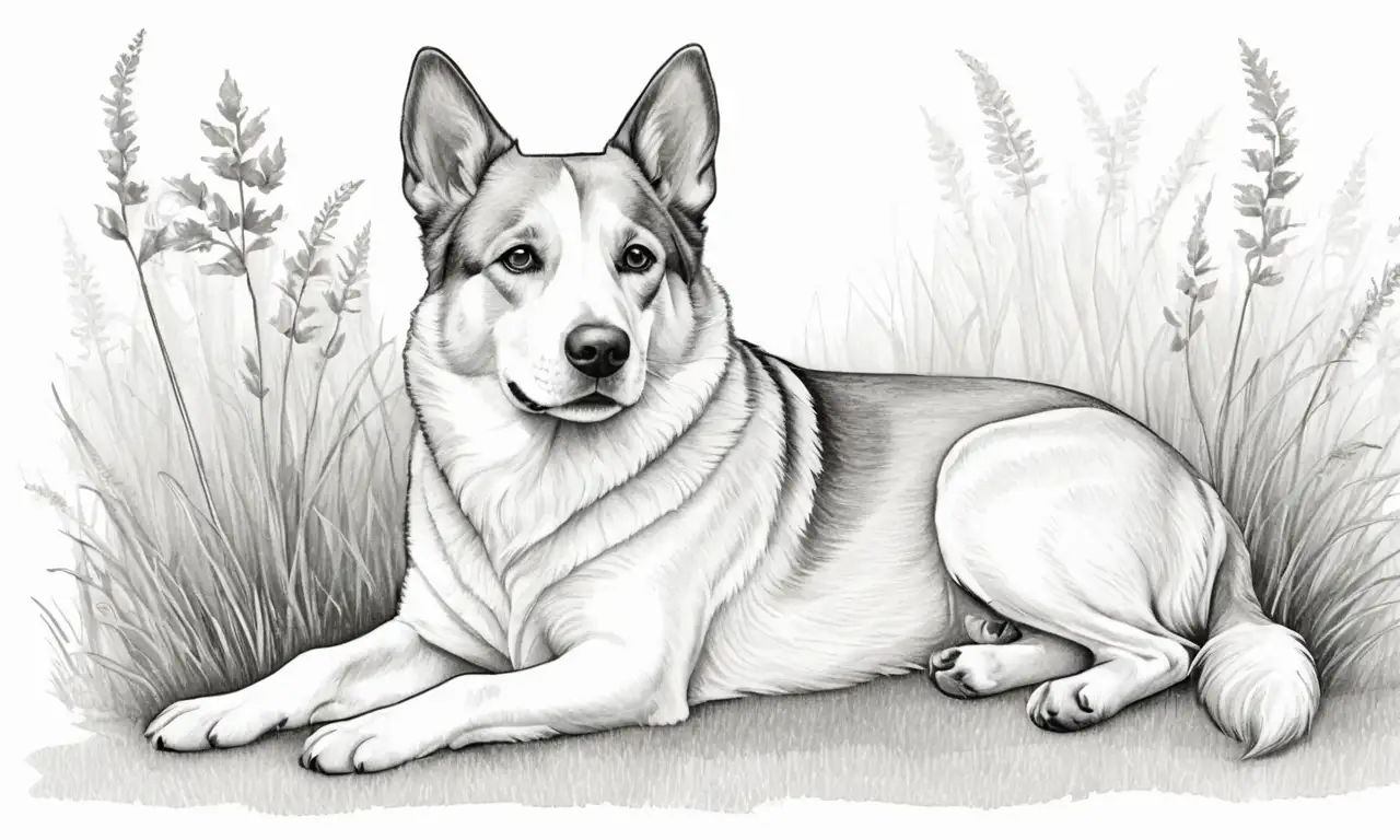 Un perro relajado se encuentra en un fondo sereno con hojas y hierba, rodeado de elementos naturales que evocan tranquilidad y equilibrio