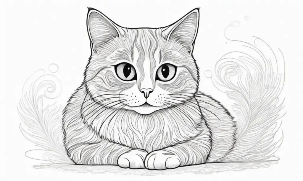 El dibujo muestra un gato curioso con pelaje suave y sombras