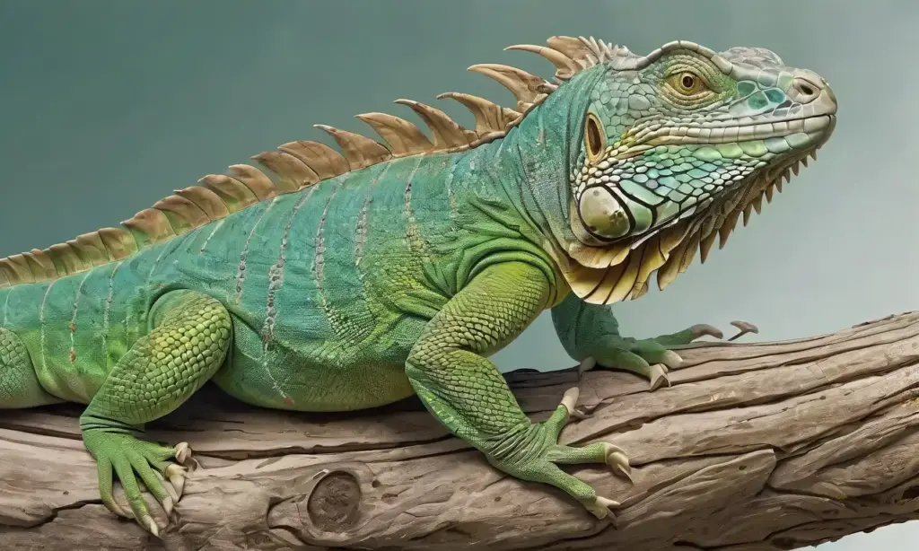 Iguana verde vibrante con detalles intrincados y expresión serena en un fondo cálido