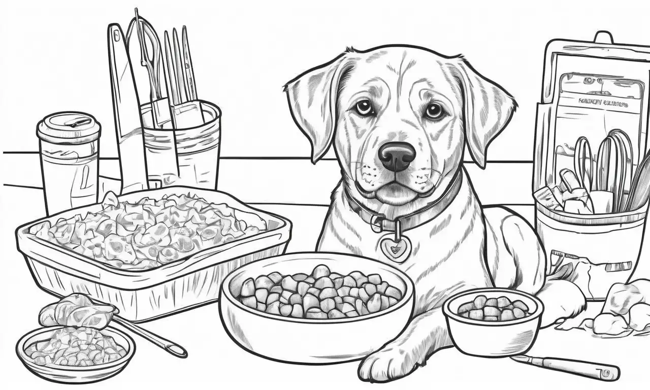 Un perro angustiado en un fondo de herramientas veterinarias muestra dolor y esperanza con contrastes y texturas