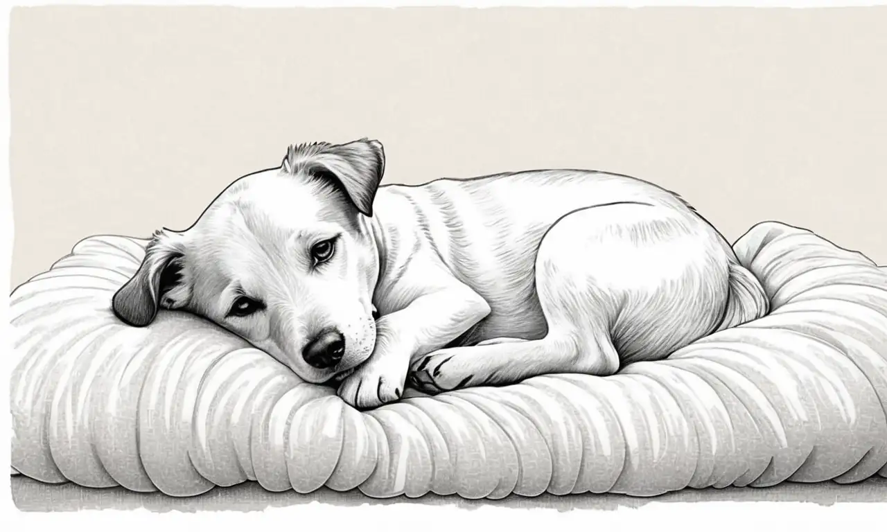 Un perro dormido se representa con suaves sombras, texturas delicadas y una paleta cálida, evocando paz y calidez