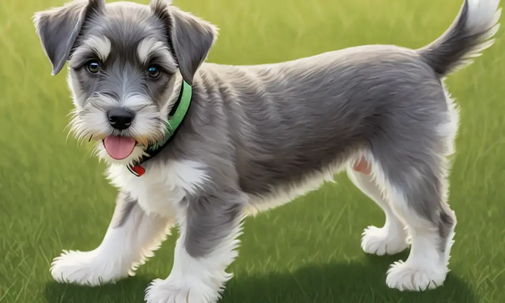 Un cachorro schnauzer juguetón de suave pelaje y ojos brillantes juega en un entorno alegre con luz cálida y hierba verde