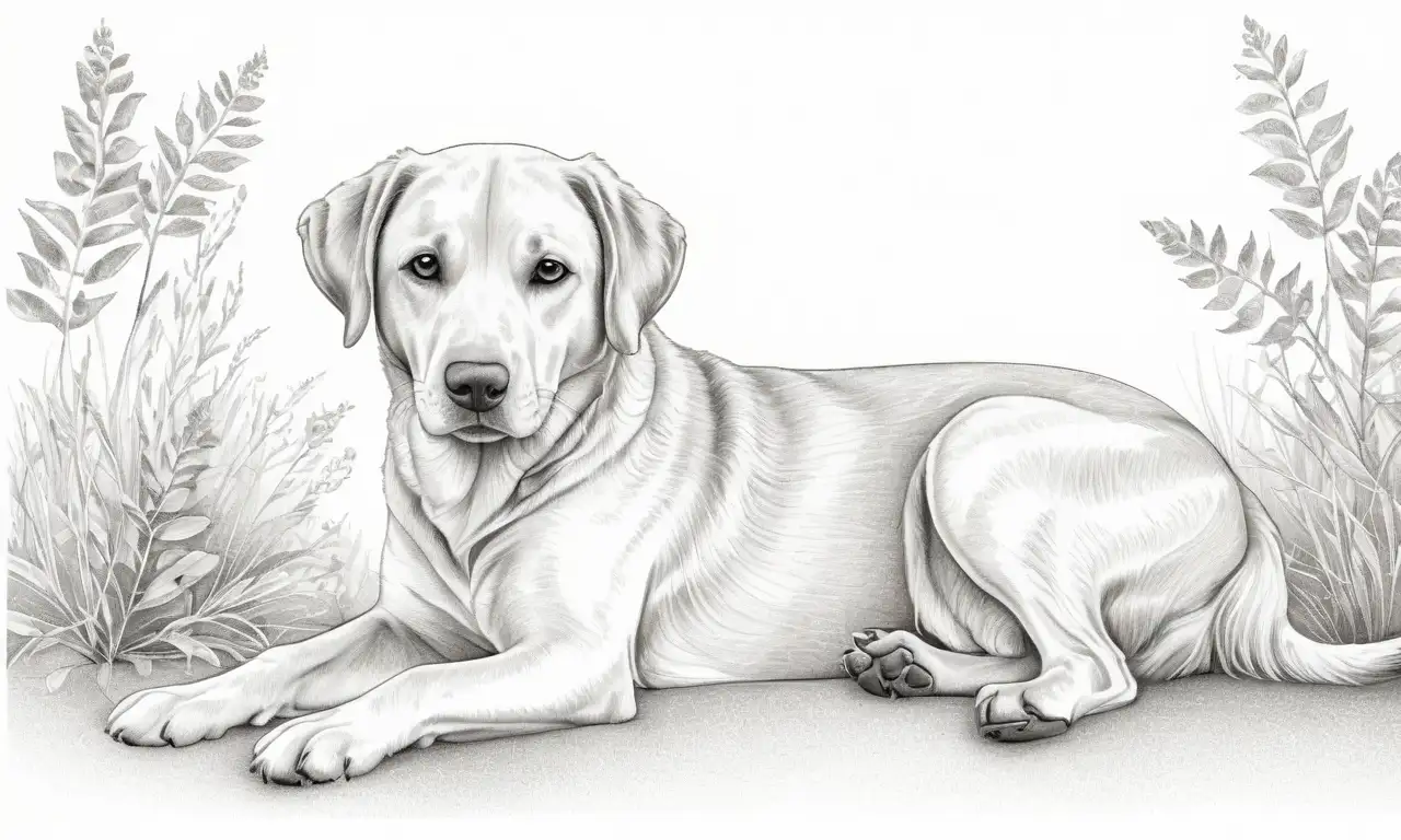 Un perro sereno se representa con suaves sombras y tonos cálidos en un fondo armonioso