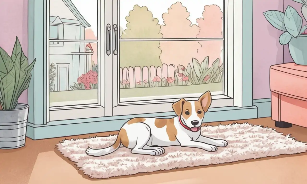 Un perro juguetón reposa en una alfombra suave, rodeado de colores vibrantes y un ambiente cálido
