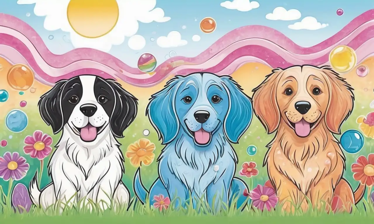 Colores vibrantes y suaves trazos representan perros felices jugando con un ambiente alegre y cálido