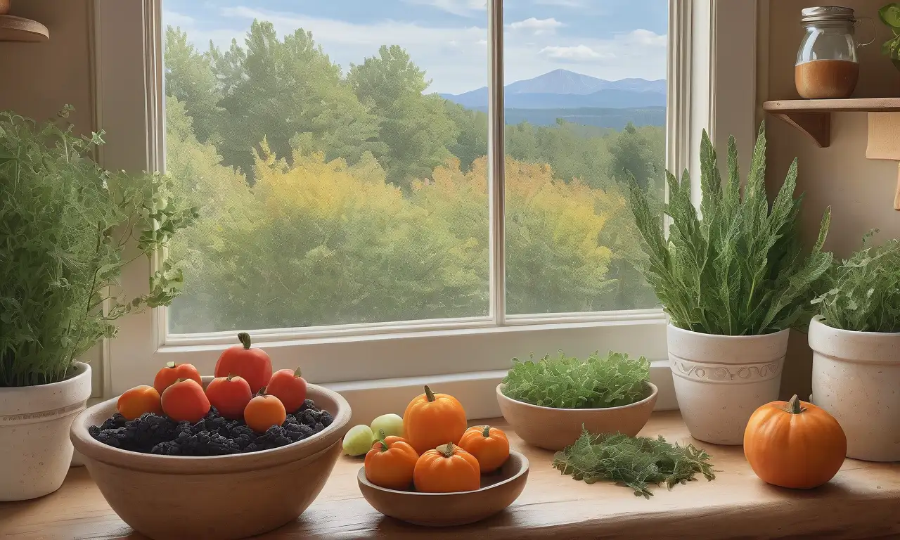 Una escena acogedora de cocina con luz suave, tonos cálidos y una disposición armoniosa de ingredientes y texturas