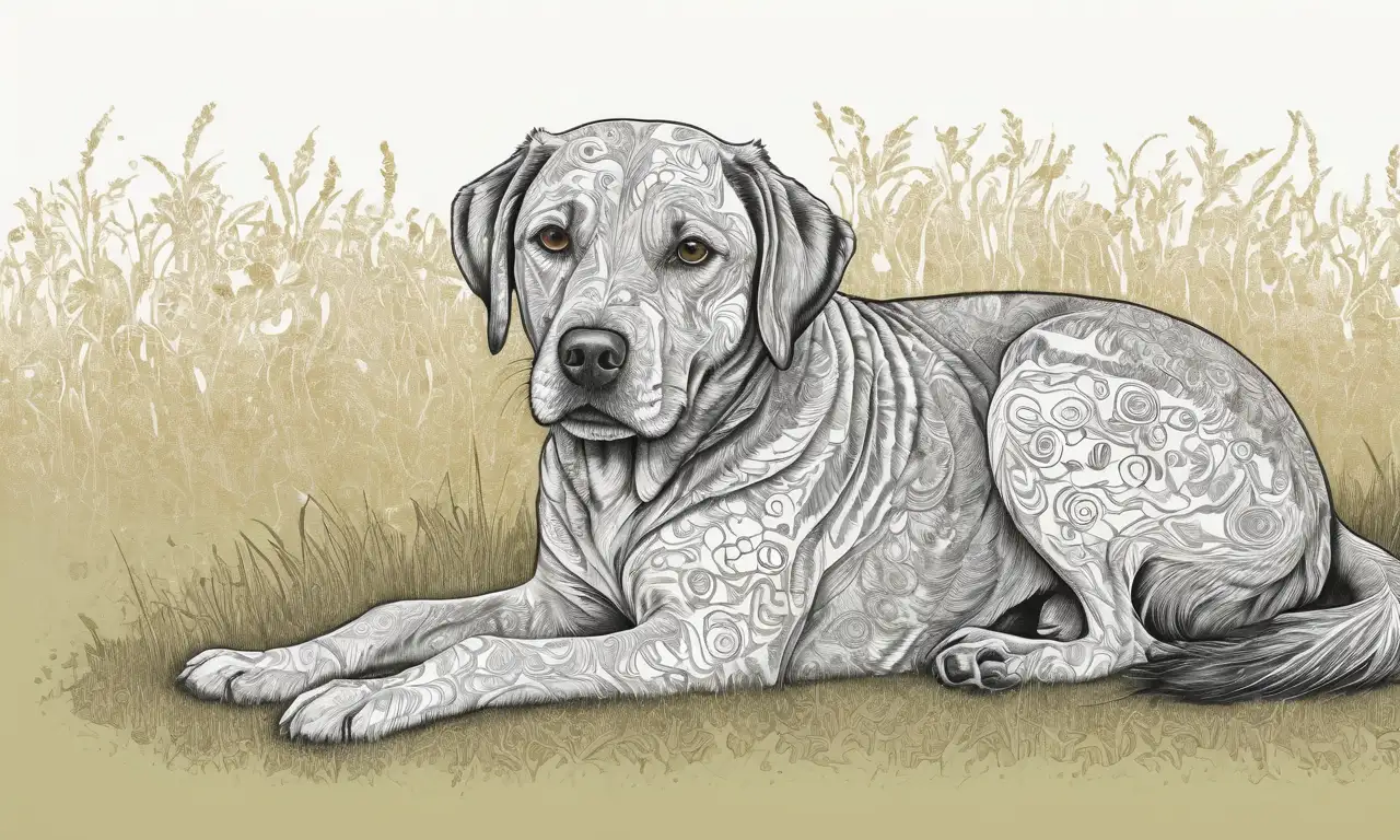 Dibujo detallado de un perro angustiado, con texturas y sombras que sugieren una infestación y un entorno veterinario