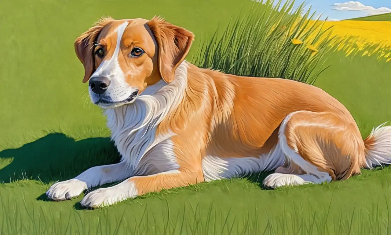 Un perro de pelaje brillante muestra inquietud en un césped verde