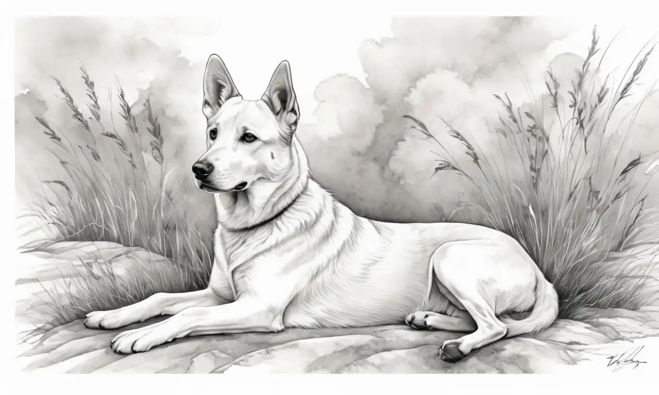 Líneas suaves y detalles sutiles crean una imagen realista y emotiva de un perro en un entorno natural